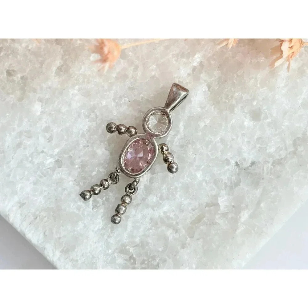 90's Sterling Vintage Tiny Dainty Pink October Birthstone Tourmaline Pendant - Picture 4 of 9